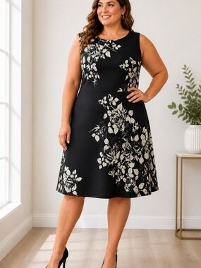 Talbots Plus 18w Black Floral Shift Dress Sleeveless A-Line Work Party Classic